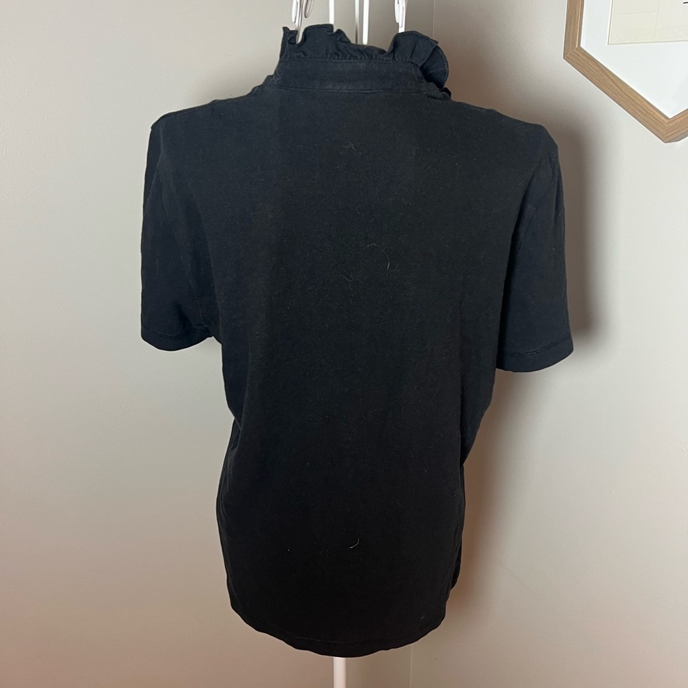 Tory Burch Black Emily Ruffle Polo Size L Pima Cotton Old Money Quiet Luxury - Picture 3 of 5